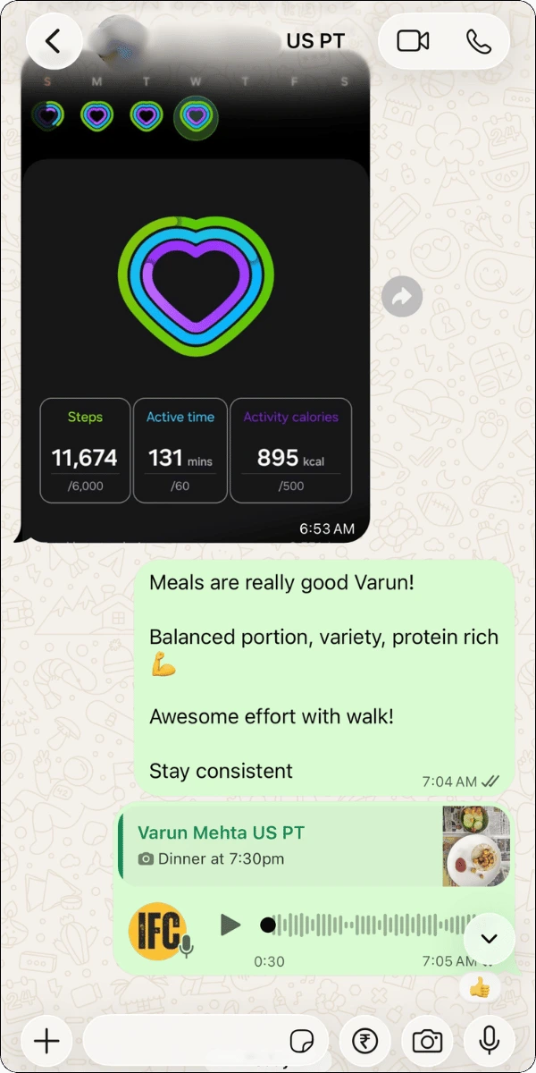 Indian fitness coach daily followups on WhatsApp